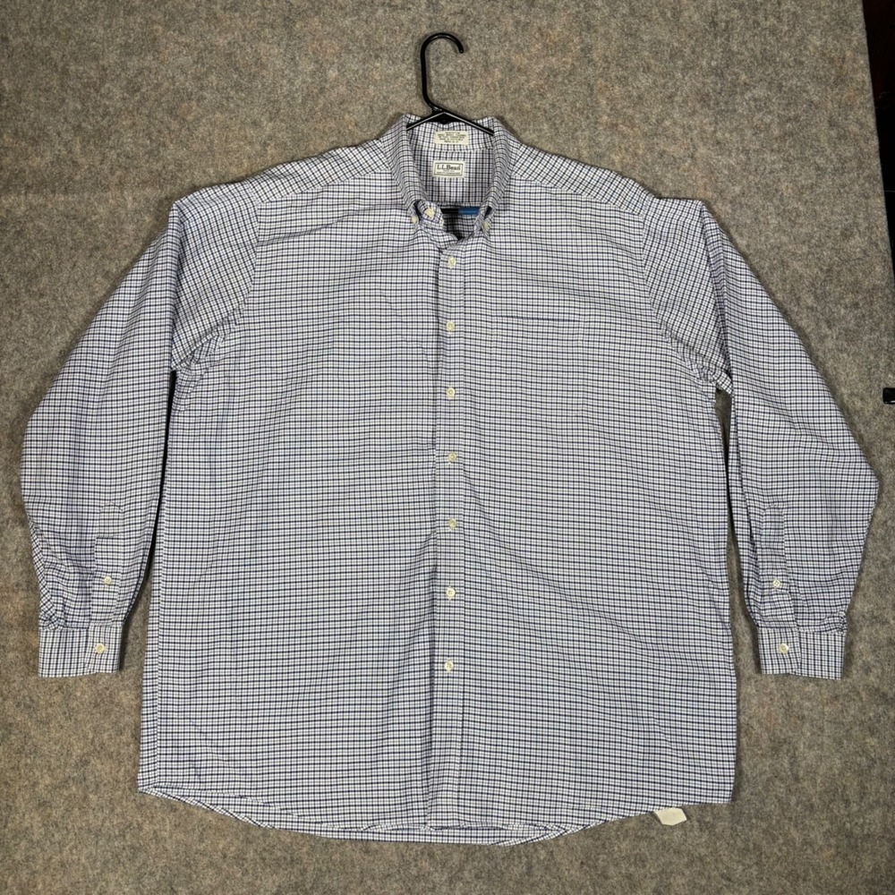 LL Bean Button Down Shirt Mens 18-37 Blue White Micro Check Cotton L/S Vintage